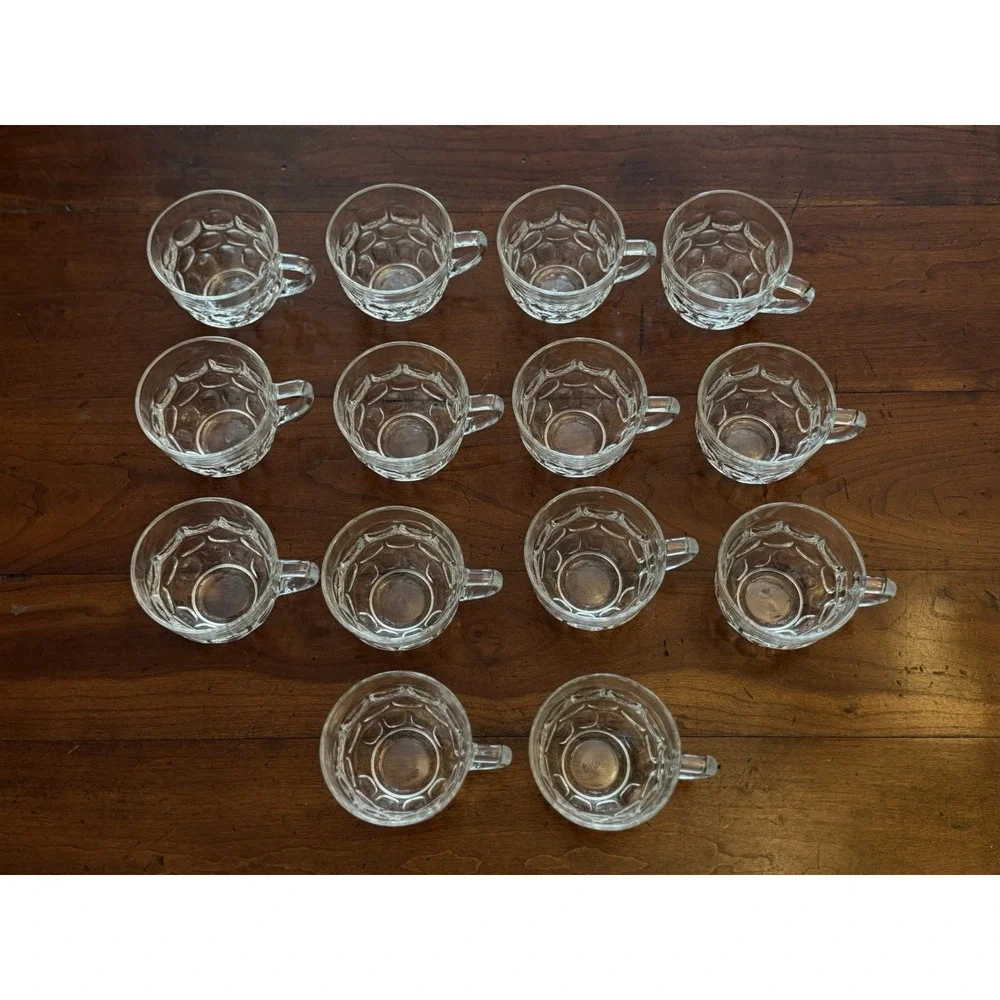 Vintage Federal Glass Yorktown Clear Thumbprint Punch Cups Mugs Set of 14